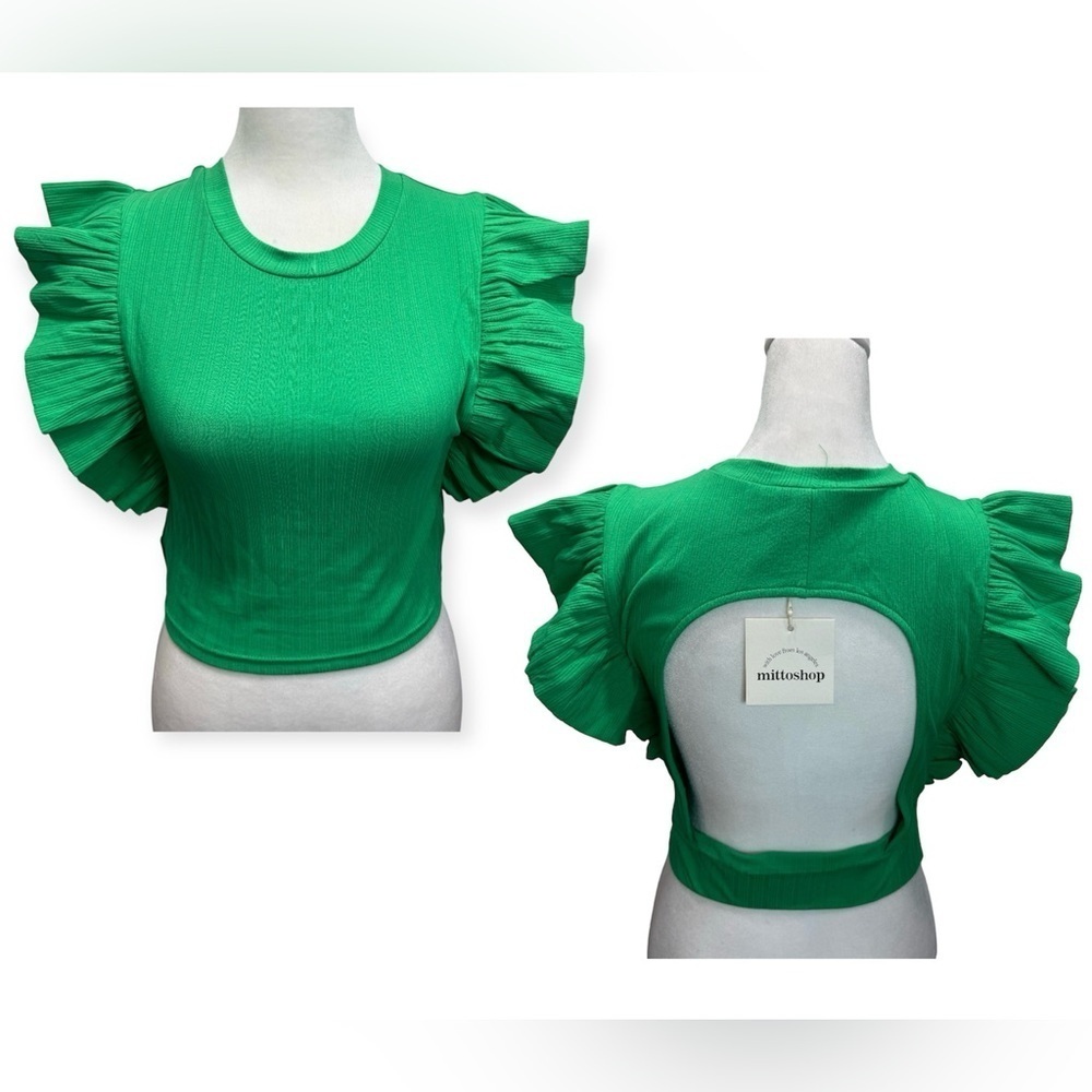 Green Ribbed Knit Cropped Top Ruffle Flutter Sleeve Open Back by Mittoshop NEW